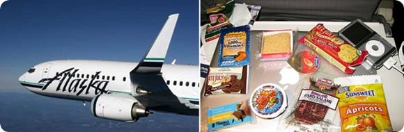 알래스카 항공과 기내에서 제공 중인 음식물들 